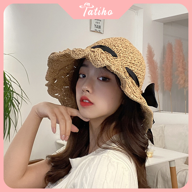 Mũ Cói Unisex Nữ, Nón Cói Chất Mềm Thoáng Mát Họa Tiết Trơn Phối Cột Nơ Phong Cách Tiểu Thư Thời Trang Basic - Mã NC012