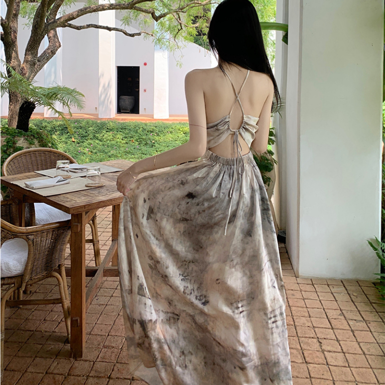 Đầm maxi 2 dây lưng trần dáng dài, váy maxi 2 dây chéo lưng sang chảnh dáng A dài thời trang Hàn Quốc 1704