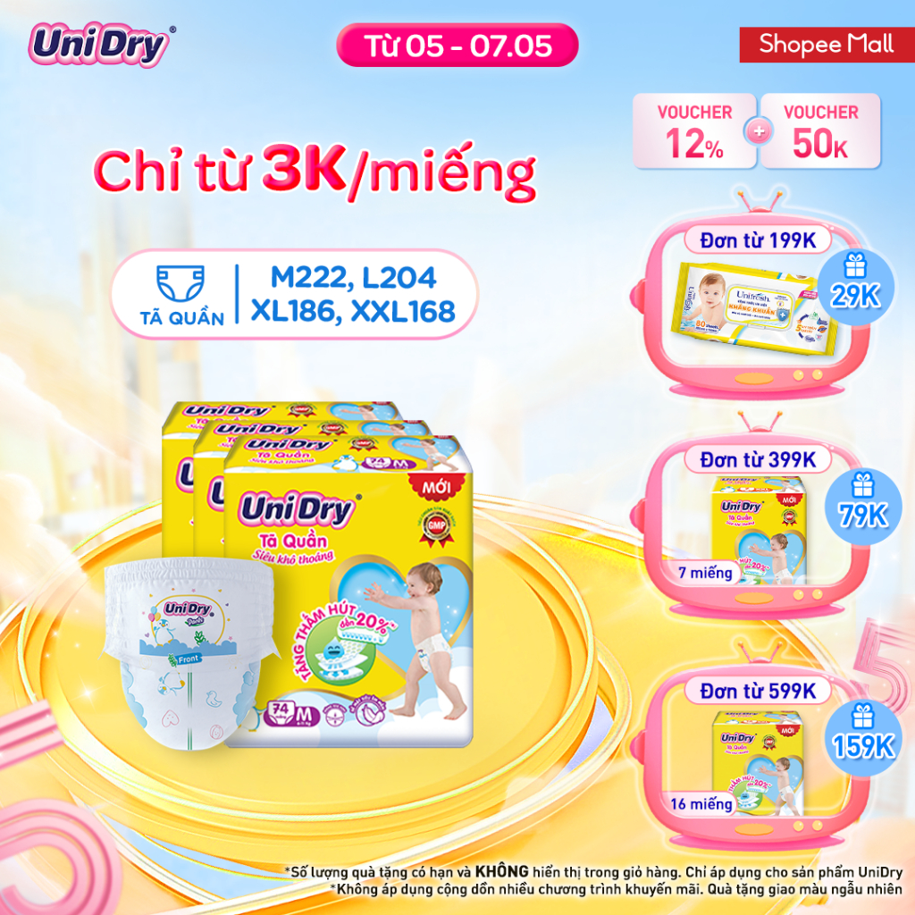 Combo 3 Tã quần UniDry Siêu khô thoáng gói Super Jumbo size M74/L68/XL62/XXL56