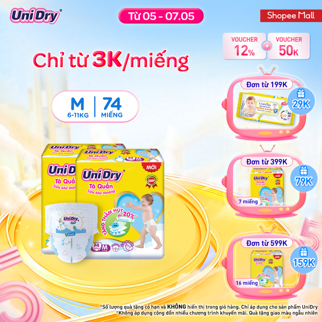 Combo 2 Tã quần UniDry Siêu khô thoáng gói Super Jumbo size M74