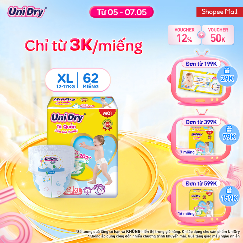 Tã quần UniDry siêu khô thoáng gói Super Jumbo XL62