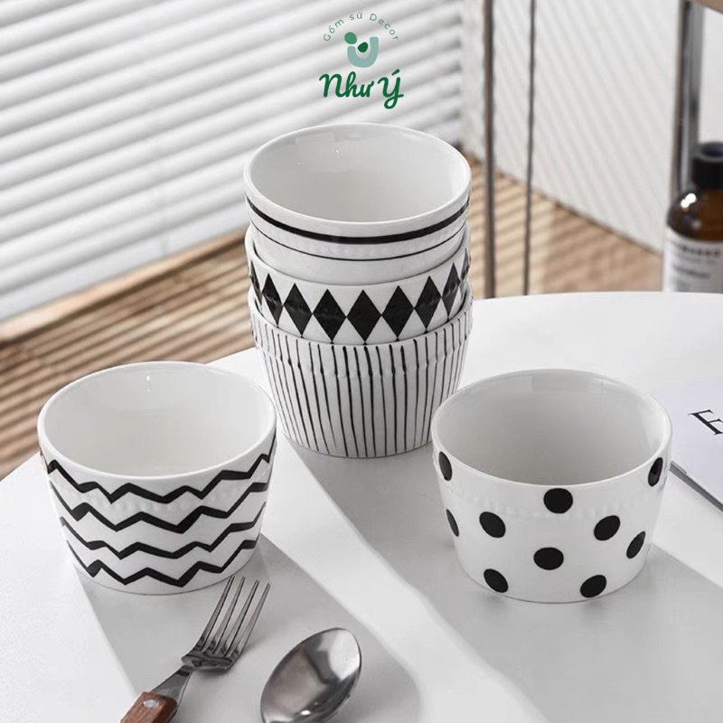 Set 5 bát sứ, bát ăn cơm HepBurn decor sứ dày dặn chịu nhiệt họa tiết đen trắng ( Hộp Đựng Sang Trọng )