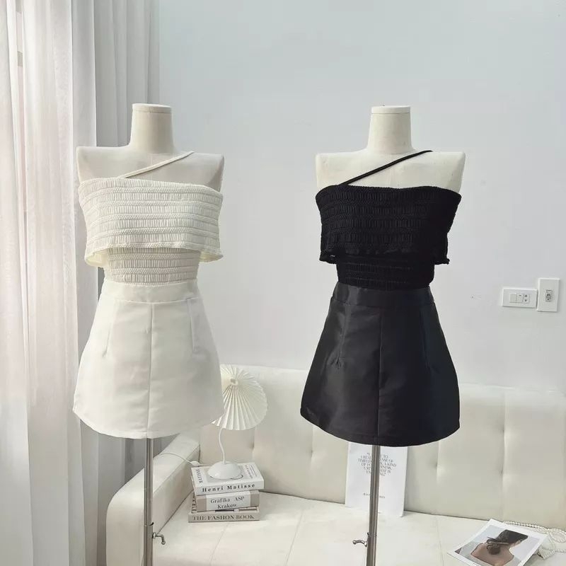 Set áo ren trễ vai dây chéo mix chân vay tacta có lót quần sang mịn