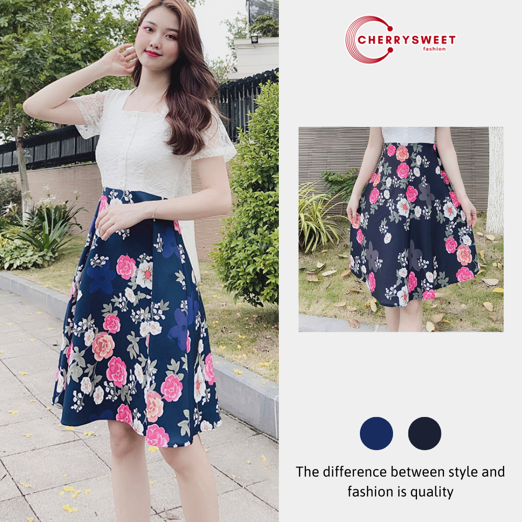 Váy hoa nhí công sở CHERRYSWEET đầm thiết kế liền thân dáng xòe phối áo voan phù hợp đi dạo, đi làm V044
