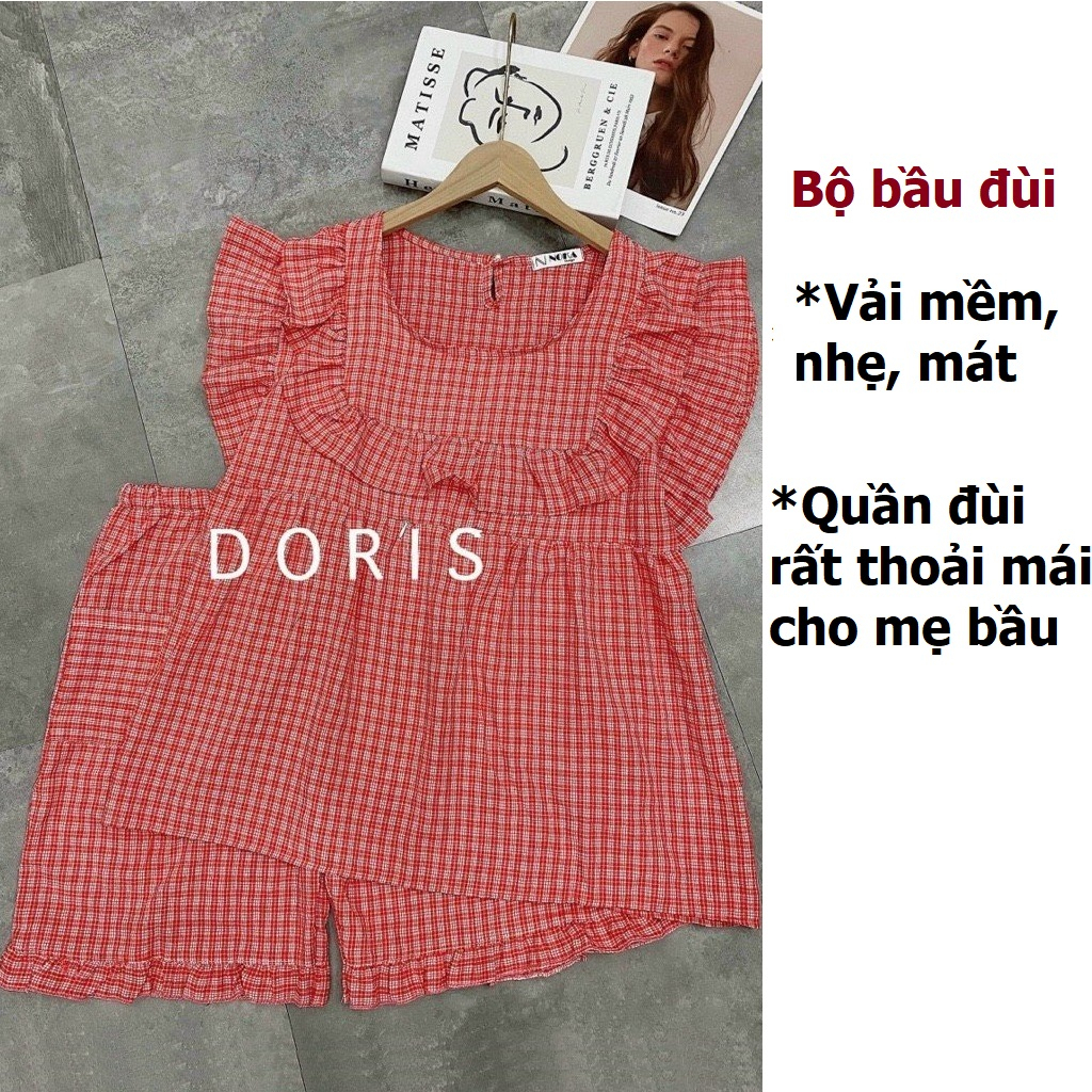 Bộ bầu đùi, bộ sau sinh, vải kẻ mềm, nhẹ, mát, có khoá kéo cho bé ti tiện lợi- quần có đầy đủ chun chỉnh