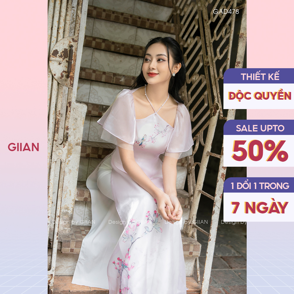 Áo dài cách tân tay bồng đính ngọc Đào Chi thiết kế cổ cách điệu chính hãng Giian - GAD478