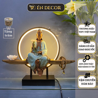 Tượng quan âm bồ tát xanh ngọc én decor gốm tử sa kèm kệ đèn led decor trang trí nhà, phong thủy