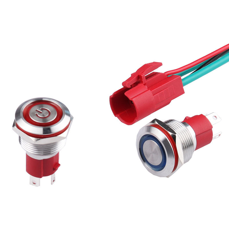 Công tắc chị tải 10A thân kim loại 16mm LED hình nguồn nhấn khóa/ Lock