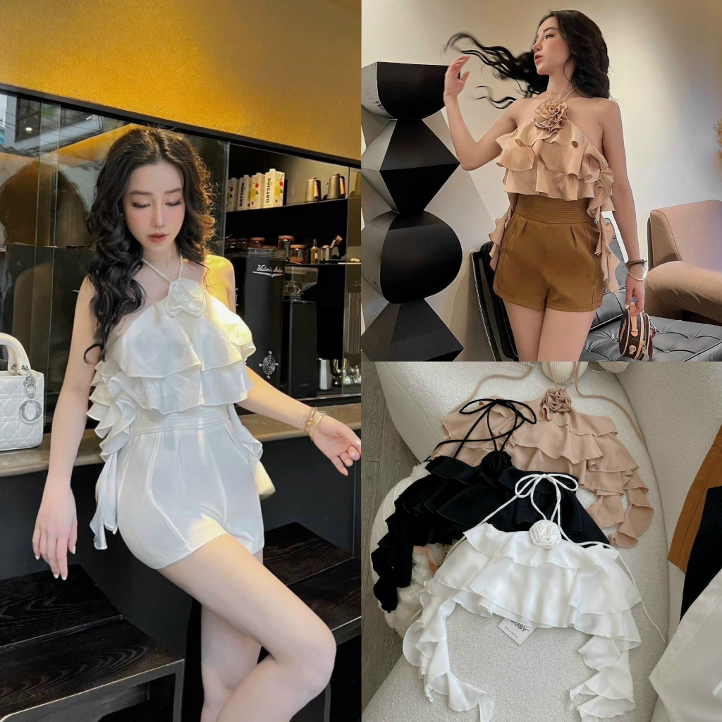 Set nữ áo lụa bóng cổ yếm đính hoa xếp tầng xinh xắn mix quần for xếp ly, sang chảnh cho các nàng đi dự tiệc, đi biển