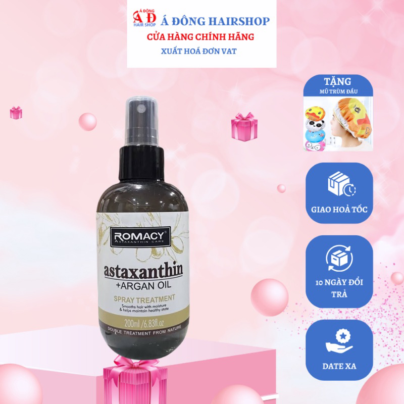 XỊT DƯỠNG ẨM CHỐNG NHIỆT PHỤC HỒI TÓC ROMACY ASTAXANTHIN ARGAN OIL 200ML