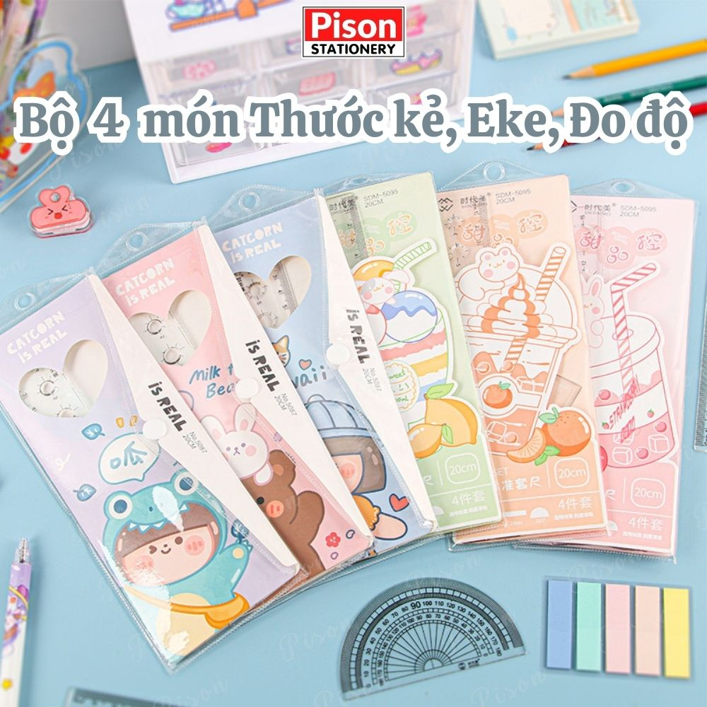 Bộ thước kẻ Eke Đo độ 4 món Pison hoạ tiết dễ thương set dụng cụ vẽ hình học - TÚI 4 THƯỚC KẺ HOẠT HÌNH