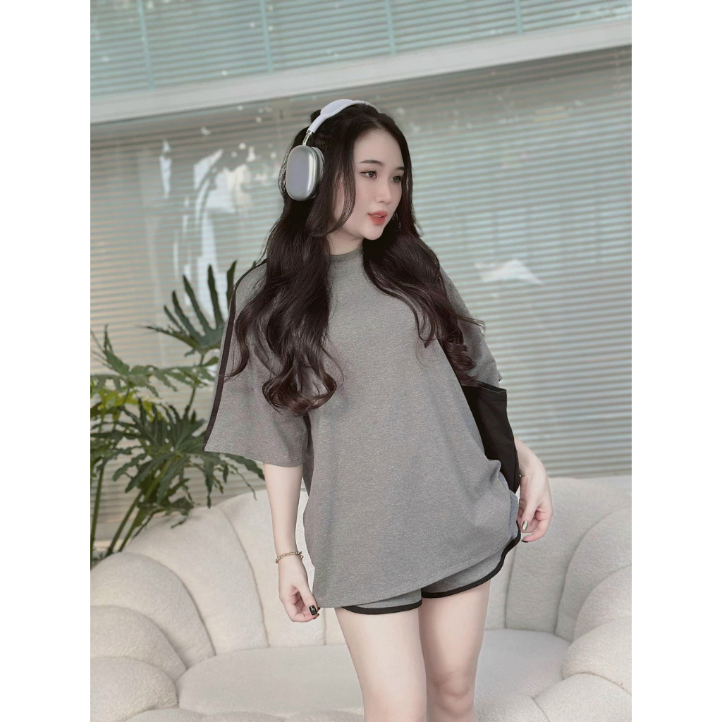 Set bộ đồ nữ thể thao đơn giản áo form rộng kẻ sọc mix quần phối vạt bầu cùng tone màu cho các tình yêu đi chơi