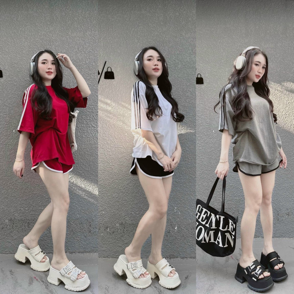 Set bộ đồ nữ thể thao đơn giản áo form rộng kẻ sọc mix quần phối vạt bầu cùng tone màu cho các tình yêu đi chơi