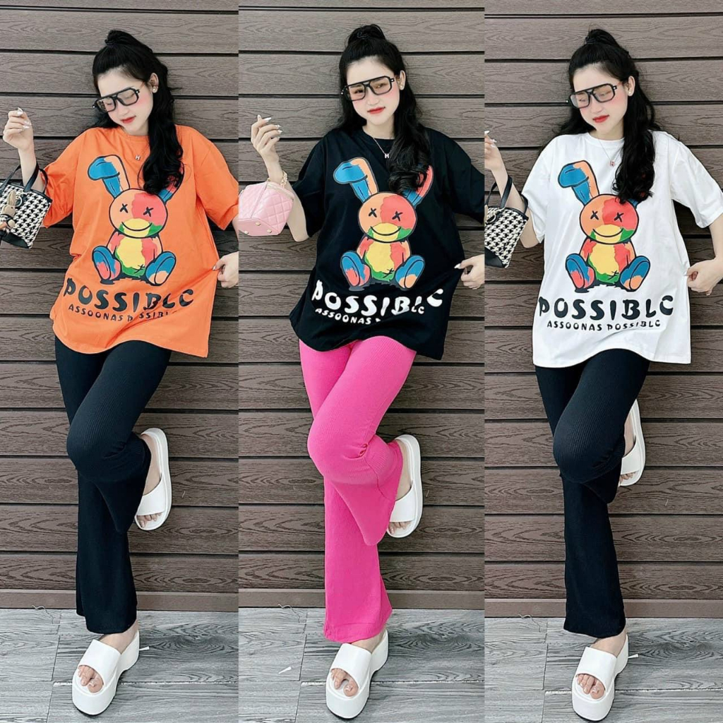 Set bộ áo form rộng tay ngắn họa tiết in hình thỏ mix chữ phối quần thun gân ống loe siêu tôn dáng cho các nàng đi chơi
