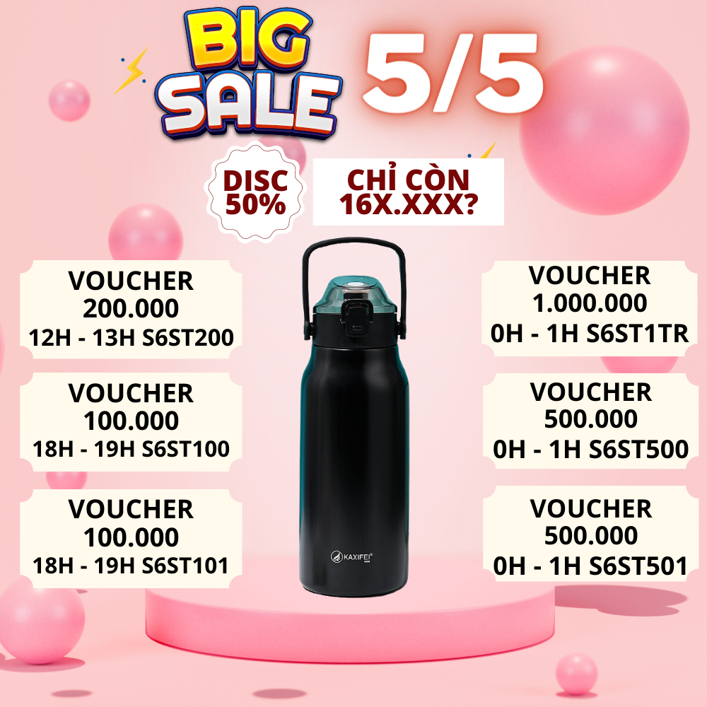 Bình nước giữ nhiệt S6 1600ml bình nước đa năng inox 304 có quai đeo nút bấm khắc tên theo yêu cầu