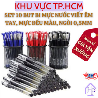 Set 10 Cây Viết Bi Mực Nước Cho Nét Chữ Đều, Đẹp, Viết Êm Tay, , Bút Bi Nước Văn Phòng 0,5mm Gồm 3 Màu Xanh, Đen Đỏ