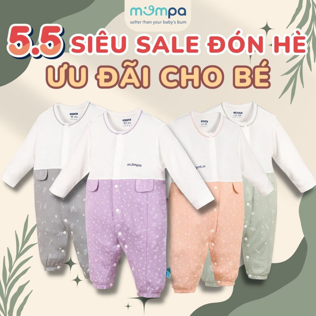 Bodysuit sơ sinh Mompa cho bé 0-12 tháng dài tay cúc giữa vải sợi tre mềm mịn co giãn 308