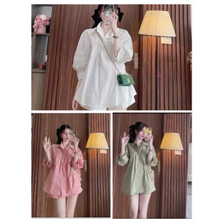 Set áo sơ mi tay lỡ cúc lệch kèm quần short dáng thụng vải lụa thô 3 màu
