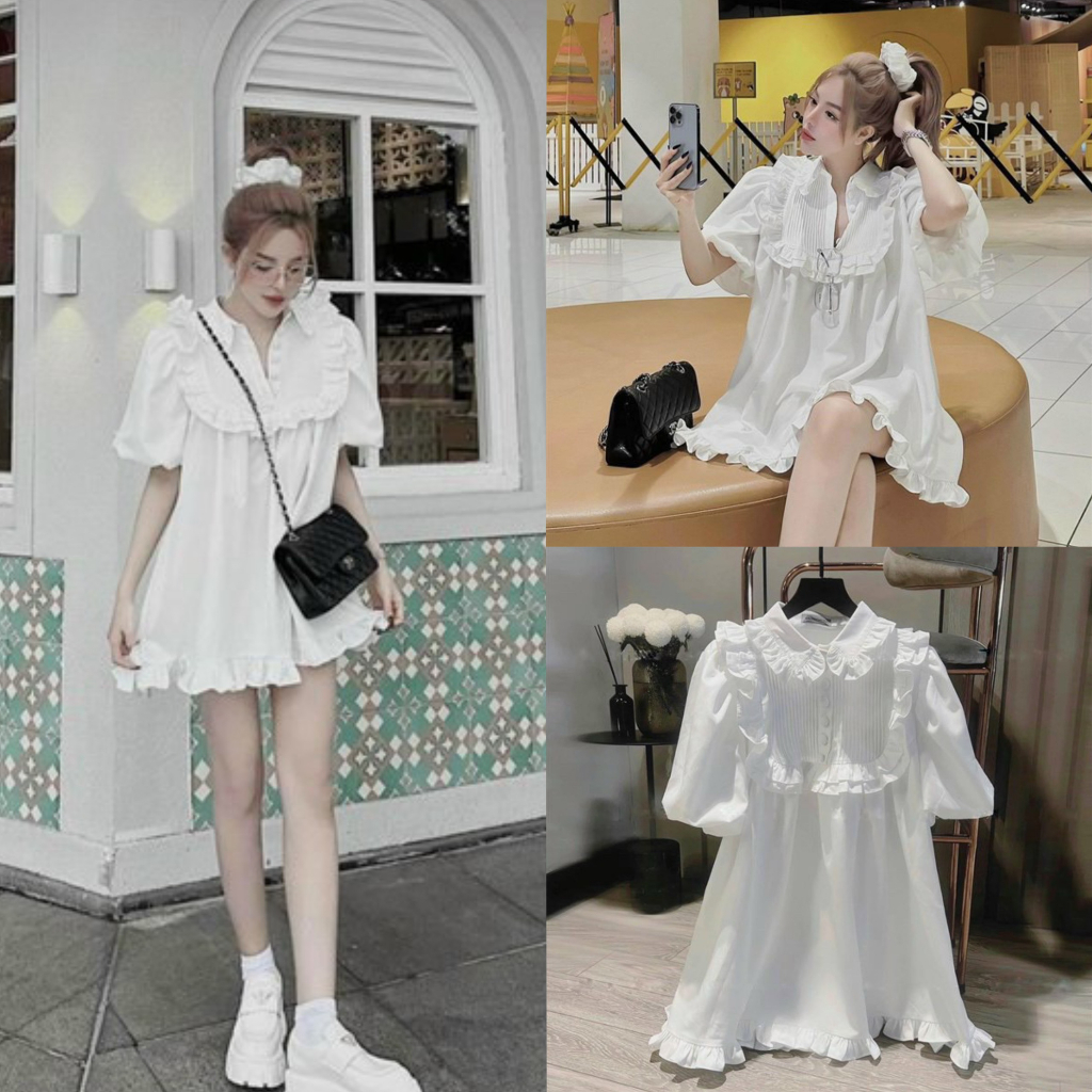Set babydoll tay ngắn phồng xếp bèo xinh xắn cùng tone màu trắng thanh lịch, thích hợp cho các chị em đi chơi, dạo phố
