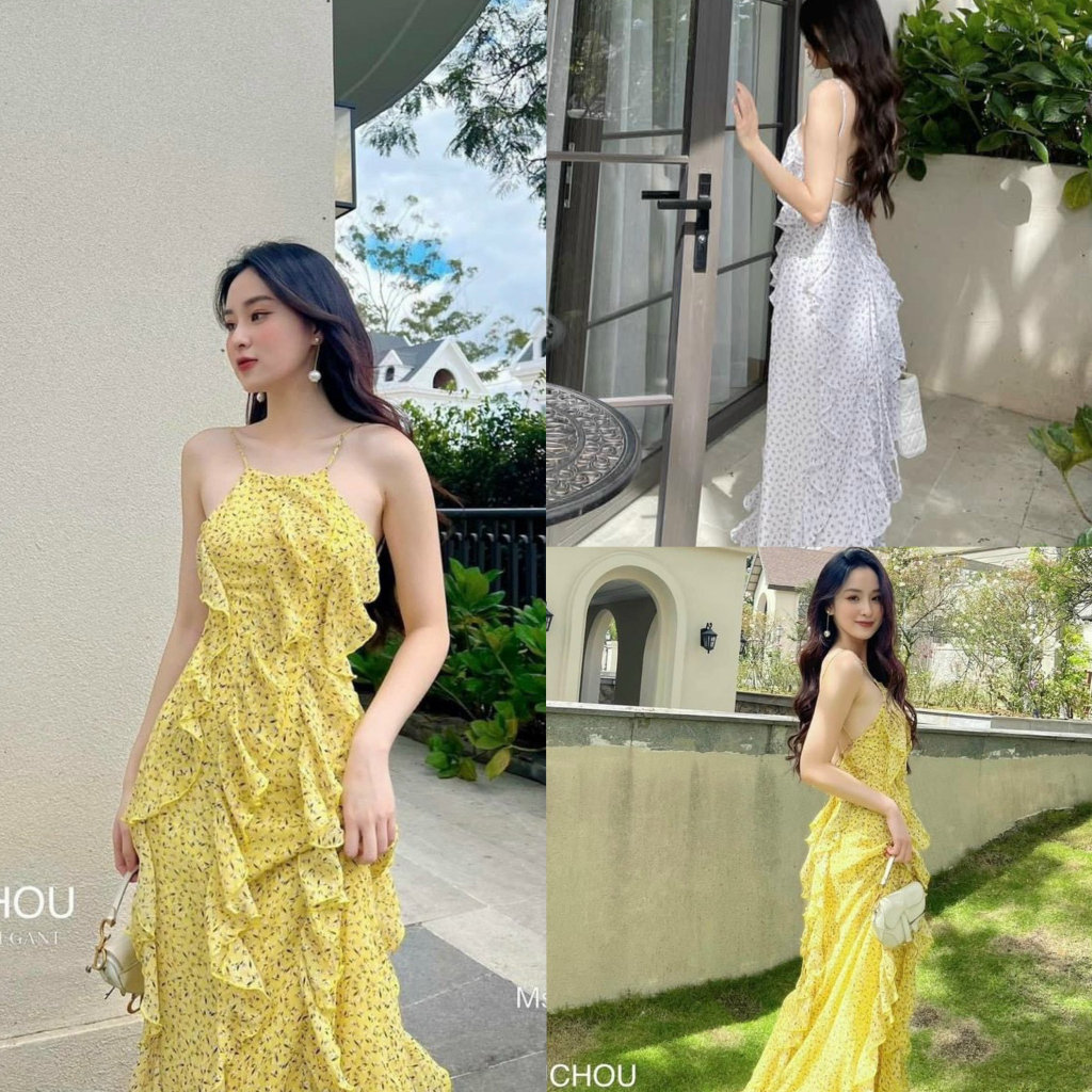 Đầm maxi voan chấm bi 2 dây xếp bèo cực kì sang chảnh, với 2 tone màu tươi tắn cho các tình yêu đi dự tiệc, đi biển
