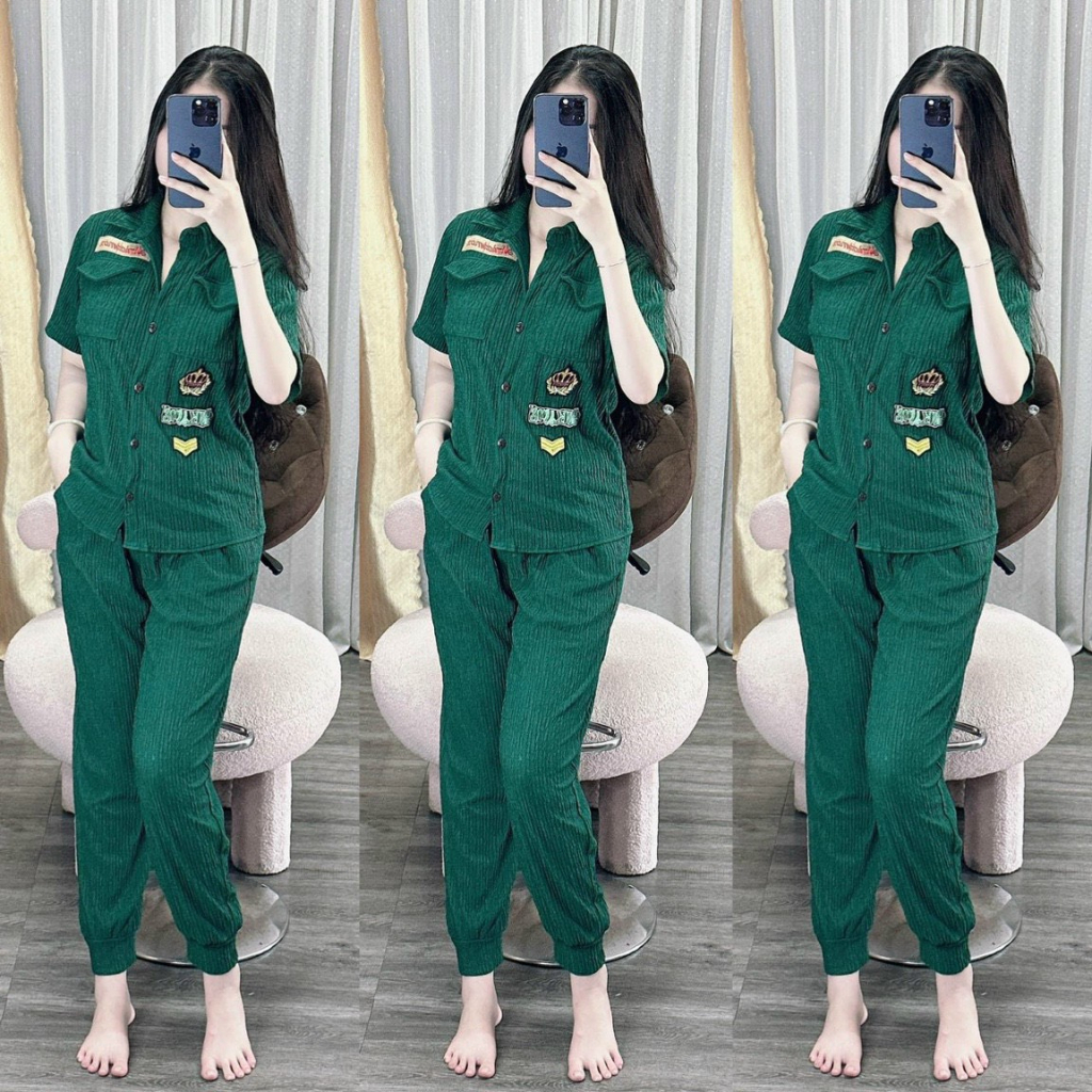 Set bộ thun xốp áo cổ sơ mi họa tiết trẻ trung mix quần ôm bo chun gấu cùng tone màu sang chảnh, cho các chị em đi chơi