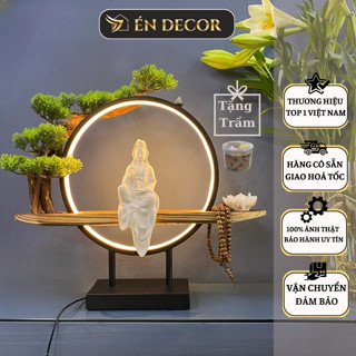 Tượng Phật Quan Âm Bồ Tát Trắng ÉN DECOR Gốm Tử Sa Kèm Kệ Đèn Led Thác Khói Trầm Hương Phong Thủy