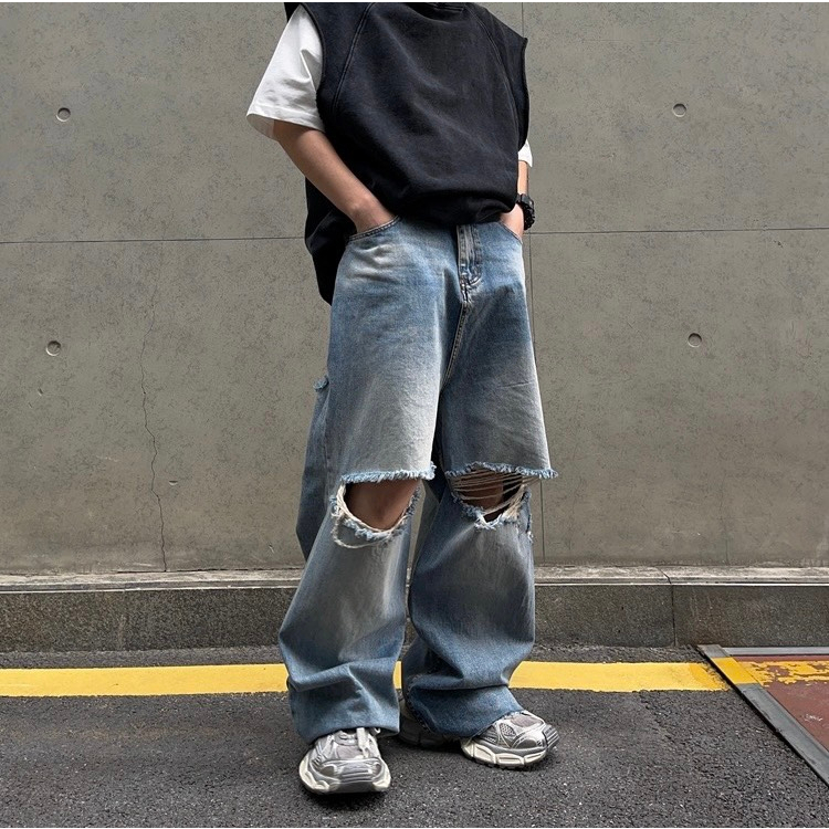 Quần Jean Ống Rộng Kiểu Rách Ripped Jeans LJIN Q0974 Cá Tính Hiphop