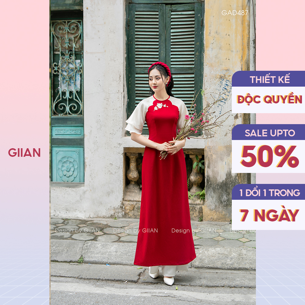 Áo dài cách tân thiết kế thêu hoa tay loe tầng cách điệu chính hãng Giian - GAD487