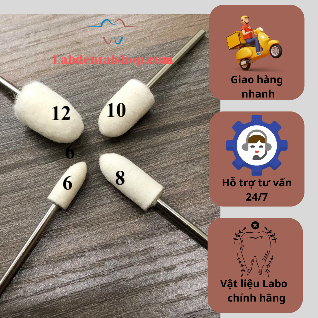 10 cây chổi nỉ trắng hình viên đạn kèm cốt gắn 2.35mm 4 size Labdentalshop sản phẩm dành cho KTV Labo đánh bóng nhựa dẻo