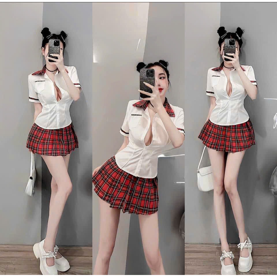 Set áo sơ mi ngắn tay cổ bẻ mix cùng chân váy  có kẻ caro, set  váy phong cách học sinh siêu sang chảnh