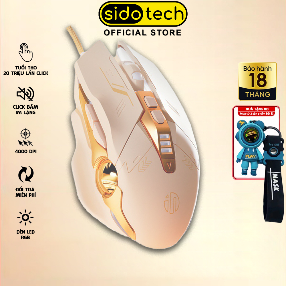 Chuột máy tính gaming SIDOTECH W5P màu trà sữa có dây silent LED RGB 4000 dpi cho máy tính vi tính laptop chơi game pc