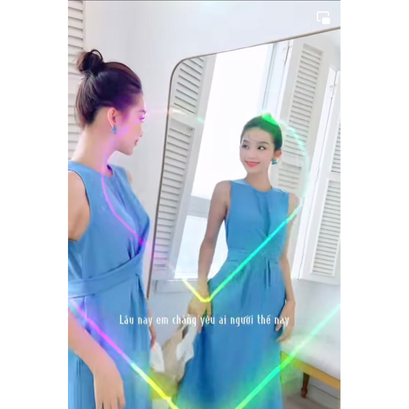 Váy đũi sát nách dáng dài cổ tròn có dây thắt eo có lót