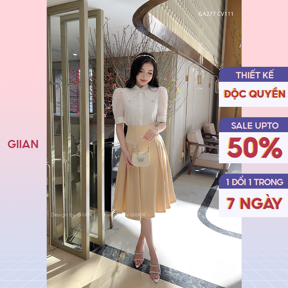 Chân váy xếp ly dáng dài phối viền ren chính hãng Giian - GCV111