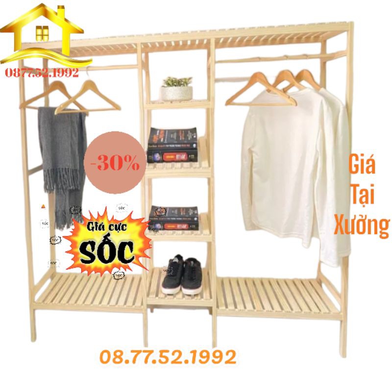 Tủ Quần Áo Lắp Ráp - Giá Treo Quần Áo - Gỗ Thông Tự Nhiên