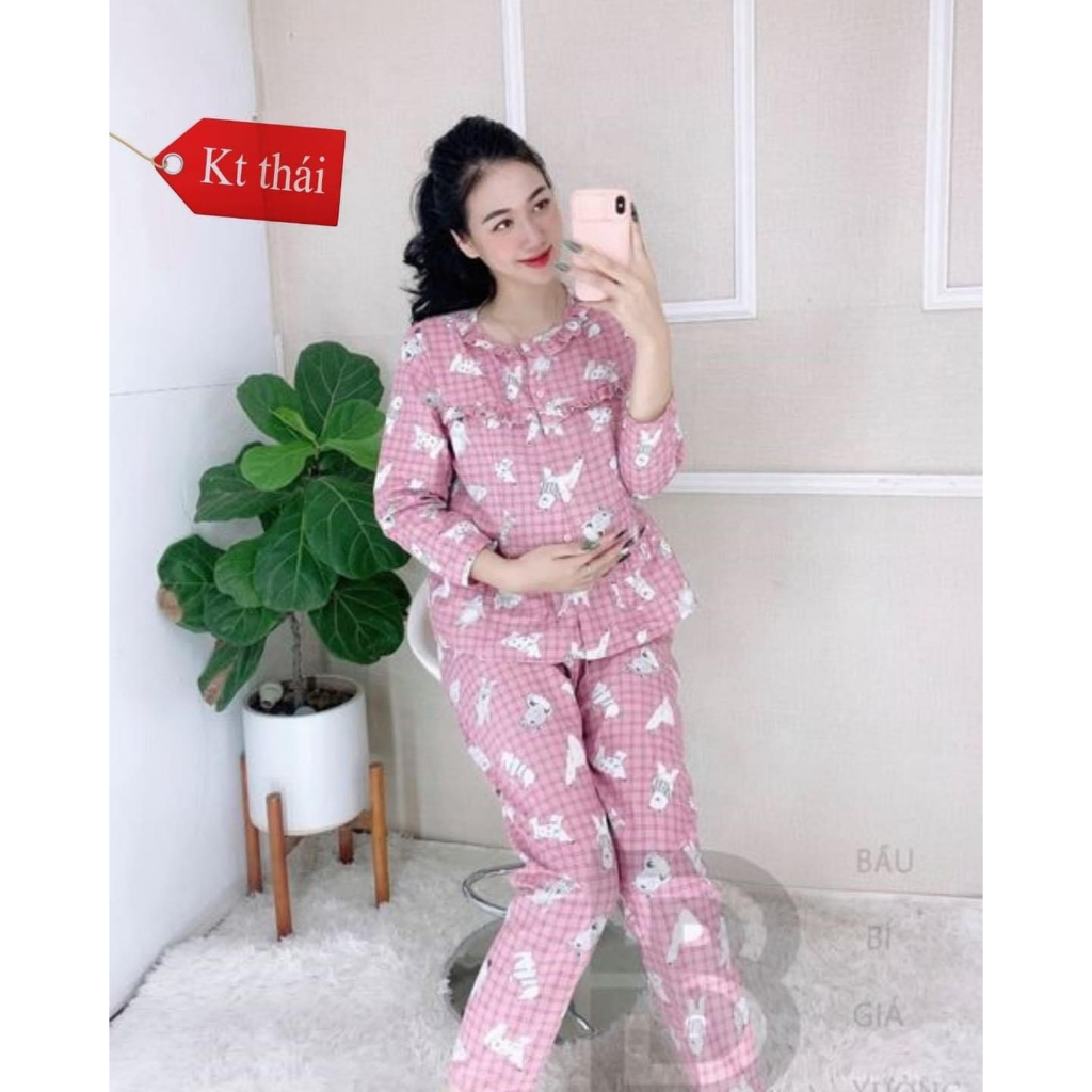 Bộ kate thái quần dài áo dài in hình mặc bầu và sau sinh khóa ti tiện lợi