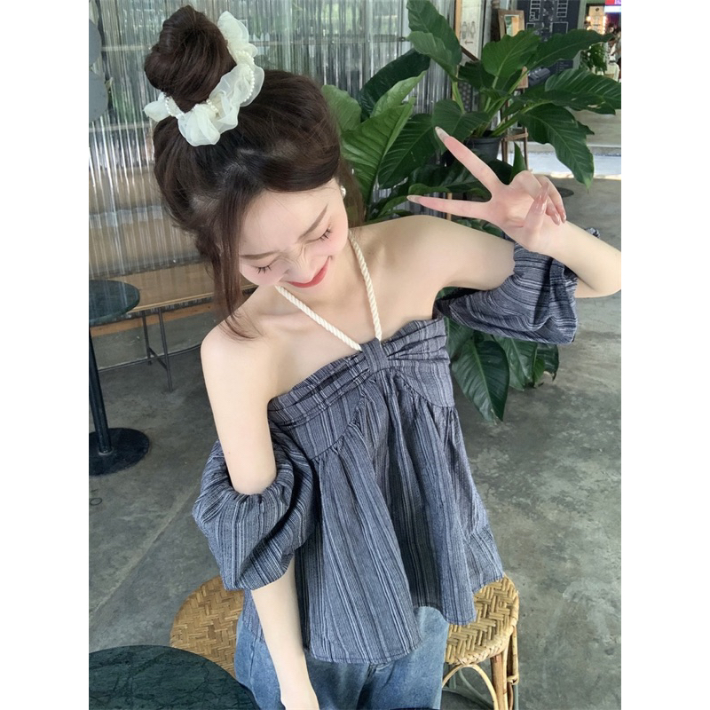Áo Kiểu Trễ Vai 🍊 Tiệm Vải Xinh 🍊 Áo Kiểu Vân Sọc Cổ Bện