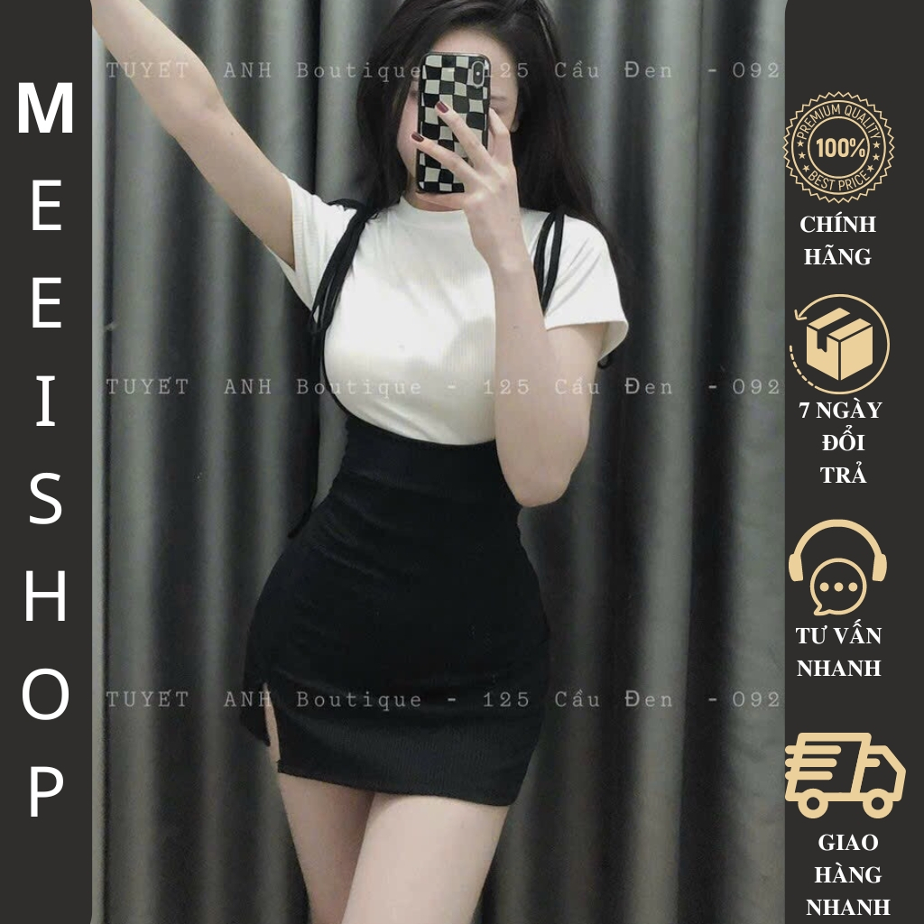 Set yếm hai dây cột nơ kèm áo thun ôm body Meei Shop, Set kiểu nữ chất thun gân tăm QC loại 1 kèm hình thật 100% -A69-