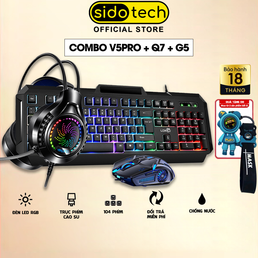 Combo bàn phím máy tính gaming RGB SIDOTECH LDK V5 Pro | Chuột G5 gaming | Tai nghe chụp tai gaming Q7 có đèn led RGB