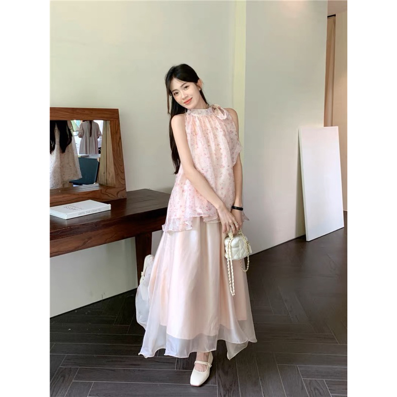 (Có ảnh thật) Set Áo Hoa Nhí Cổ Yếm Và Chân Váy Voan Dáng Xoè Dài Taobao Order
