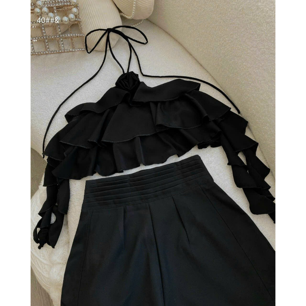 [5,5 Sales Freeship] Set váy tiểu thư nữ, set áo lụa bóng cổ yếm đính hoa bèo tầng mix quần short đùi chanh sả mtb