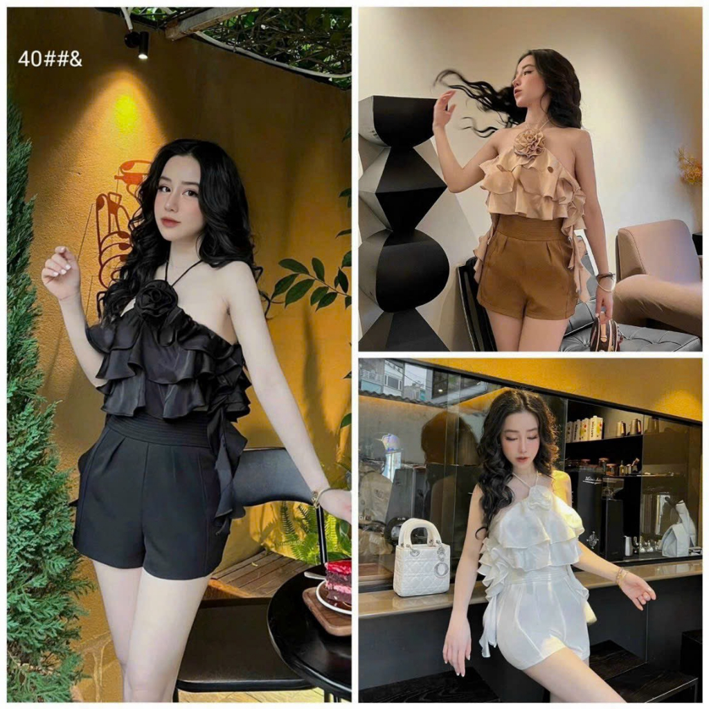 [5,5 Sales Freeship] Set váy tiểu thư nữ, set áo lụa bóng cổ yếm đính hoa bèo tầng mix quần short đùi chanh sả mtb