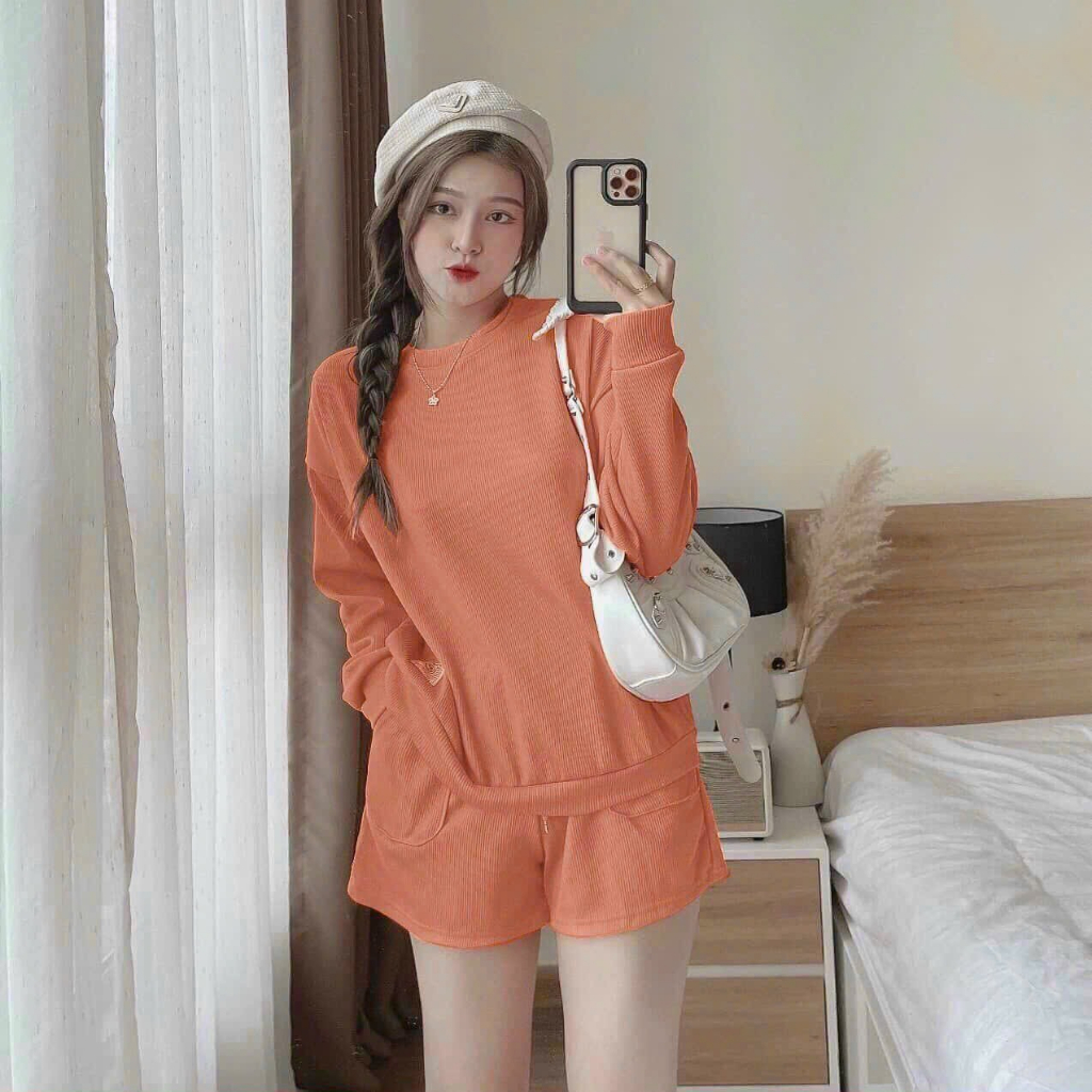 [5,5 Sales Freeship] Set bộ thun đùi basic trơn màu, set áo tay dài cổ tròn thun gân mix quần sooc đùi trẻ trung mtb