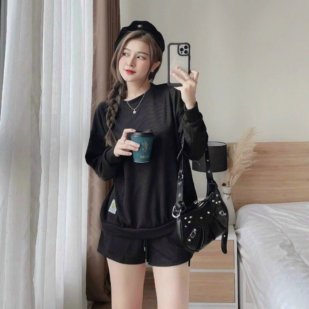 [5,5 Sales Freeship] Set bộ thun đùi basic trơn màu, set áo tay dài cổ tròn thun gân mix quần sooc đùi trẻ trung mtb