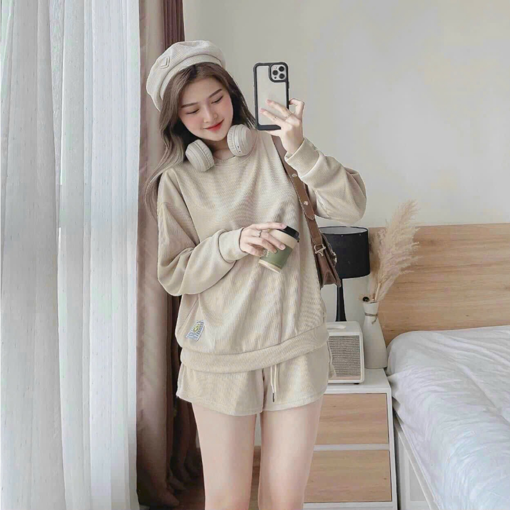 [5,5 Sales Freeship] Set bộ thun đùi basic trơn màu, set áo tay dài cổ tròn thun gân mix quần sooc đùi trẻ trung mtb