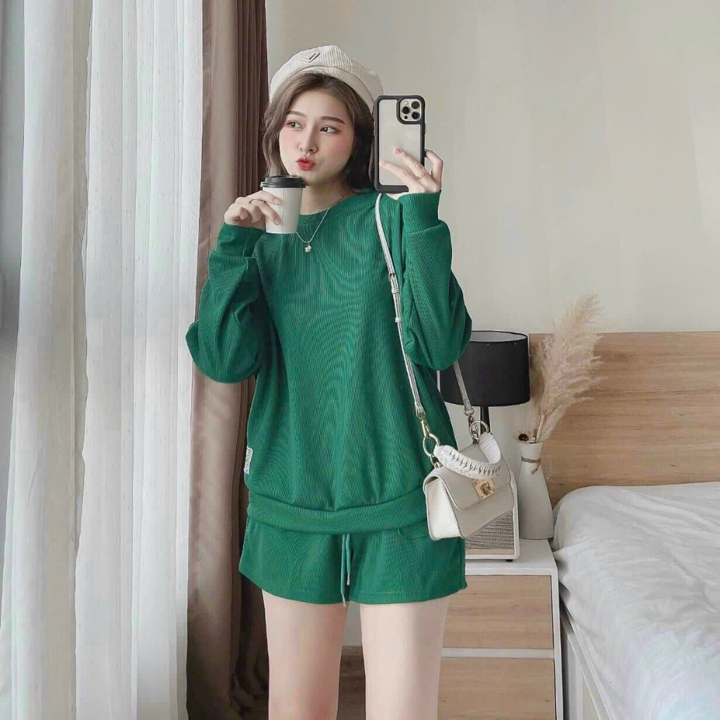 [5,5 Sales Freeship] Set bộ thun đùi basic trơn màu, set áo tay dài cổ tròn thun gân mix quần sooc đùi trẻ trung mtb
