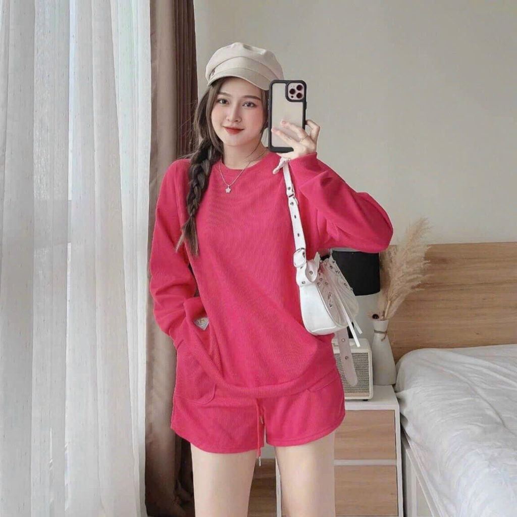 [5,5 Sales Freeship] Set bộ thun đùi basic trơn màu, set áo tay dài cổ tròn thun gân mix quần sooc đùi trẻ trung mtb