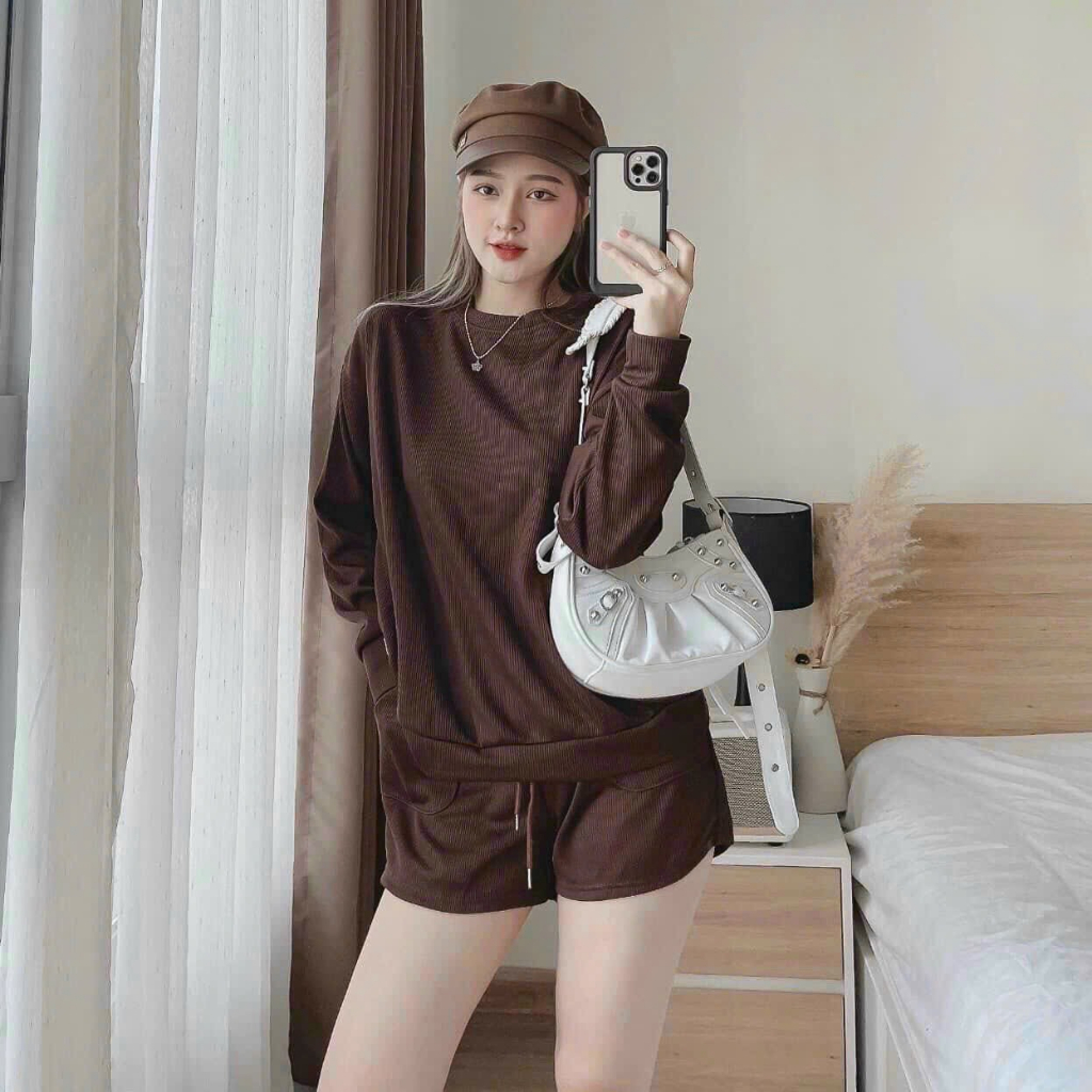 [5,5 Sales Freeship] Set bộ thun đùi basic trơn màu, set áo tay dài cổ tròn thun gân mix quần sooc đùi trẻ trung mtb