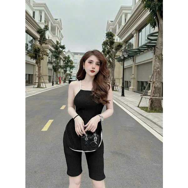 [5,5 Sales Freeship] Set bộ thun xốp cổ áo yếm vạt bầu xẻ tà 2 bên mix quần lửng ngố,set bộ cổ yếm phối viền trắng mtb