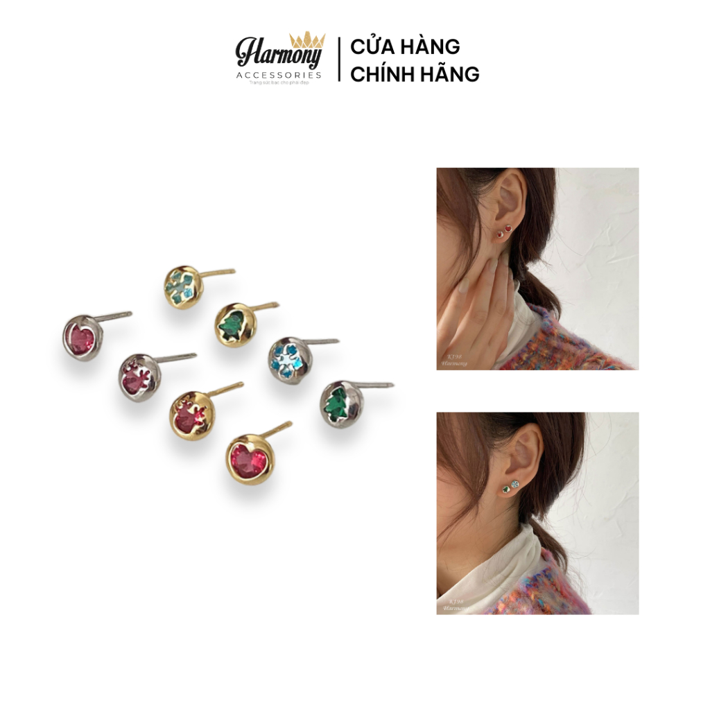 Bông khuyên tai bạc nữ mạ vàng mặt tròn Christmas noel giáng sinh nhiều hình xinh xắn | HARMONY ACCESSORIES K198