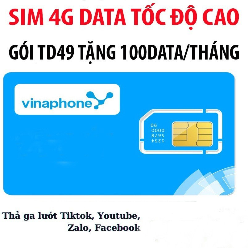 Sim 4G TD49 Vinaphone , Data 100GB/Ngày , Tổng 1200GB Sử Dụng 1 Năm , Bảo Hành 12 Tháng